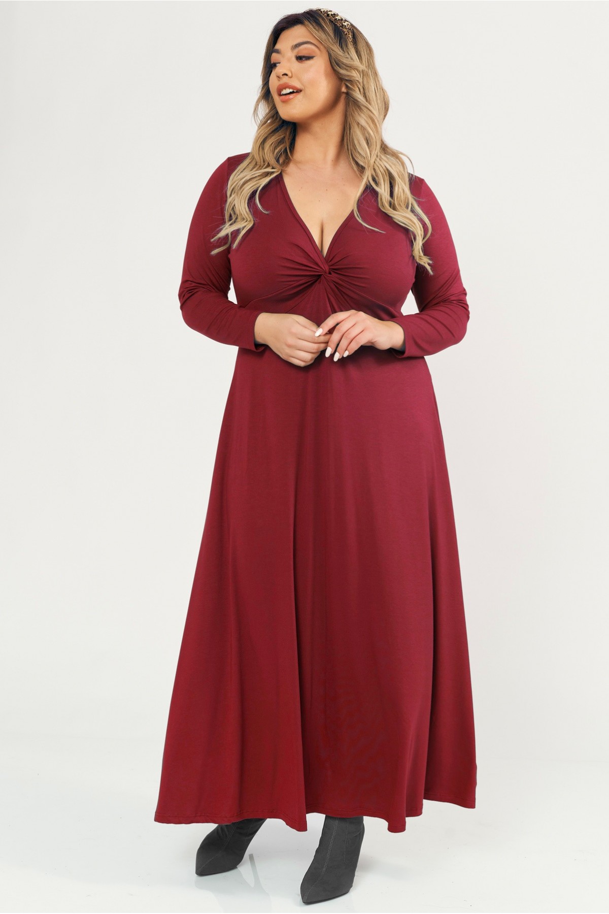 Dress maxi viscose long sleeves with knot bordeaux