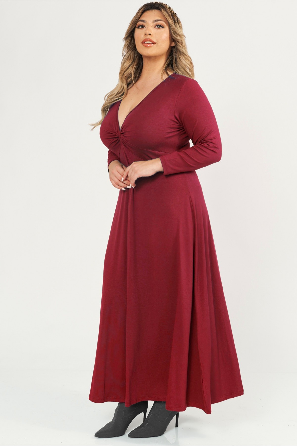 Dress maxi viscose long sleeves with knot bordeaux