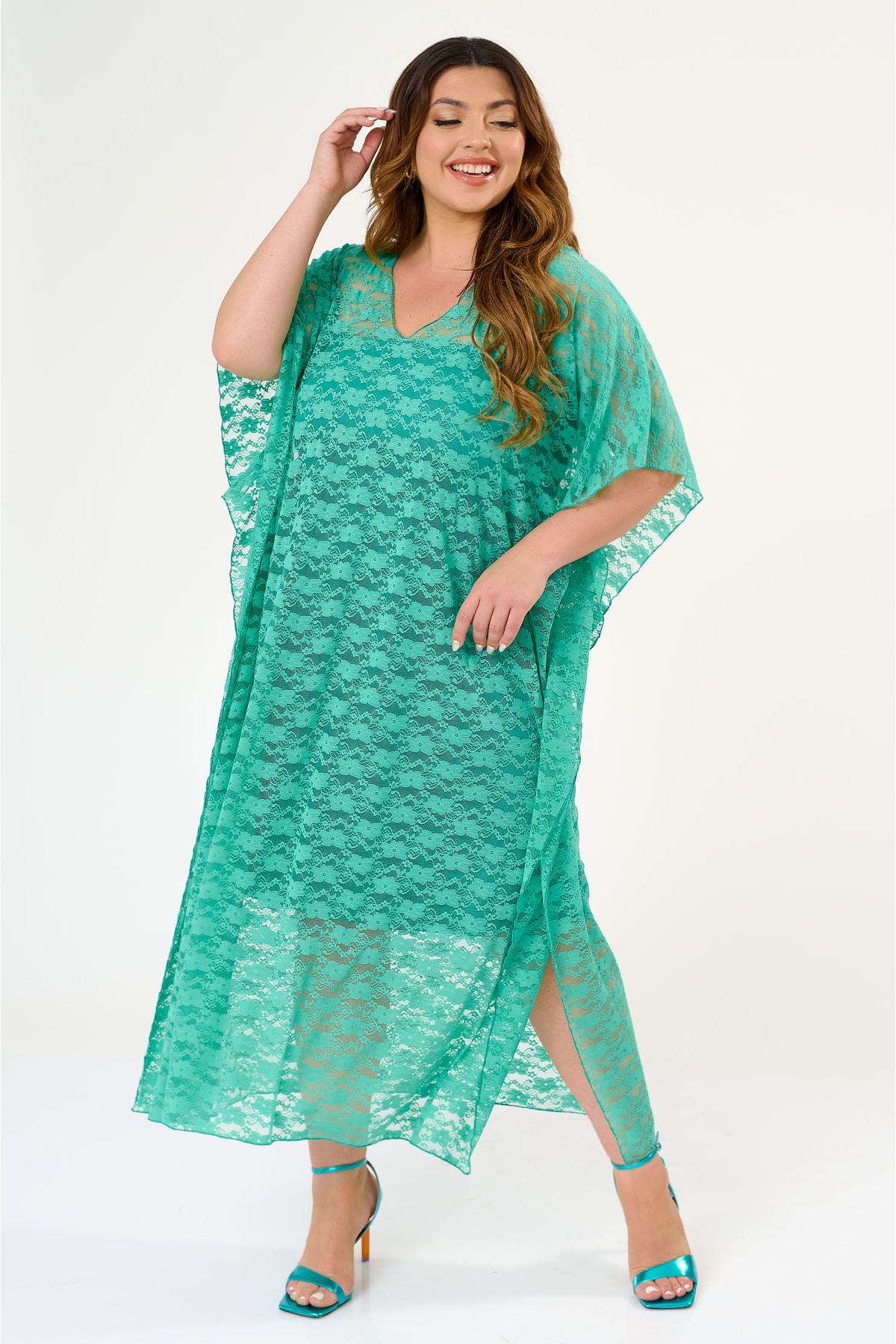 Lace kaftan dress with removable petticoat Celadon Green