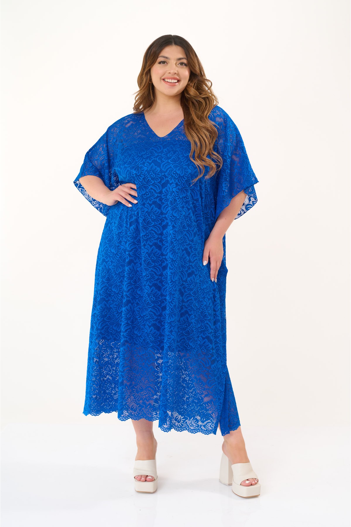 Lace kaftan dress with removable petticoat royal blue