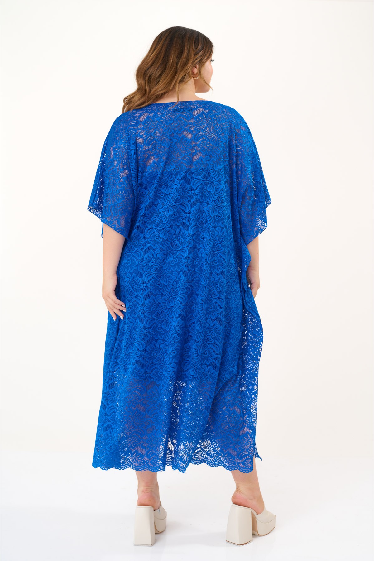 Lace kaftan dress with removable petticoat royal blue