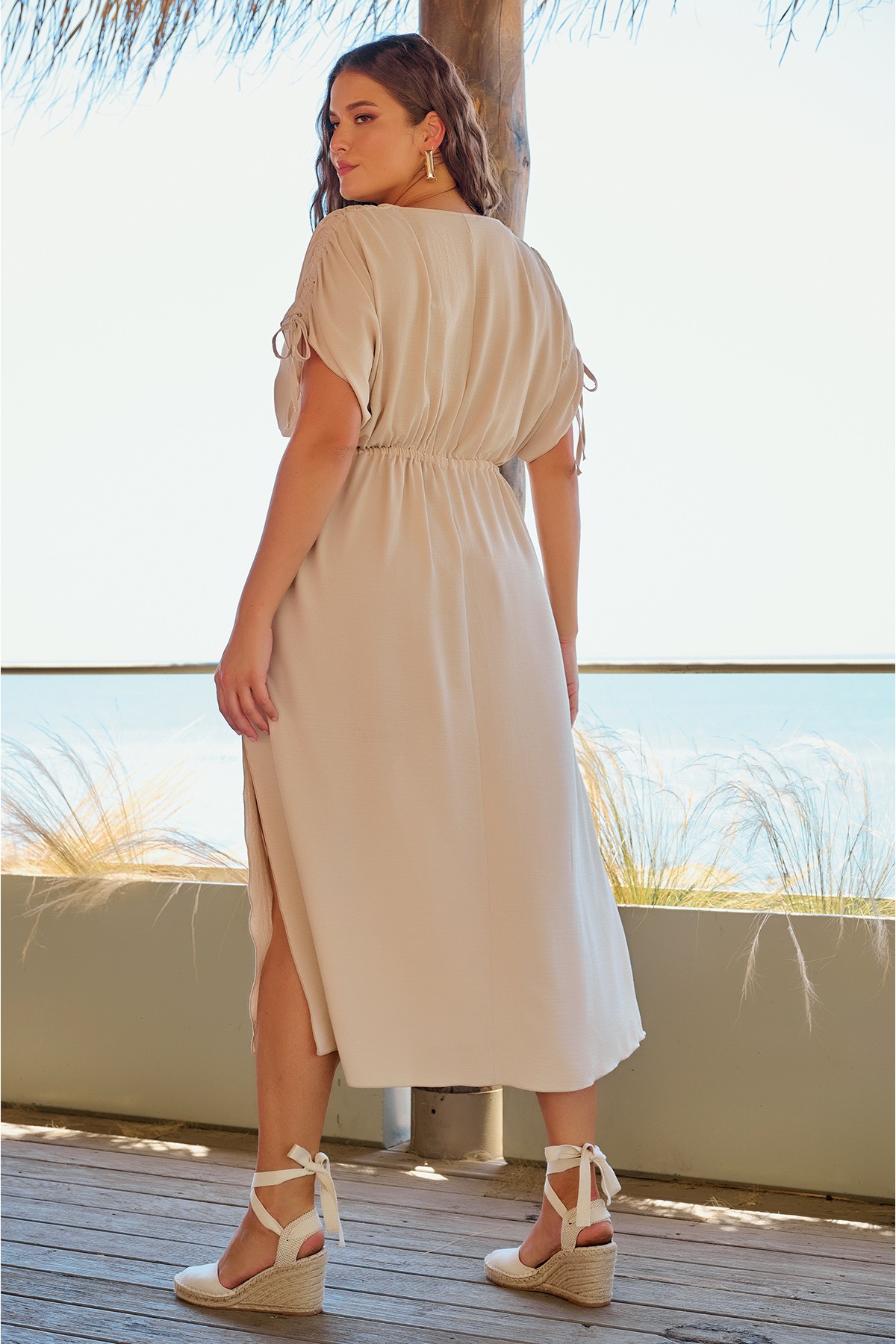 Dress  wrapped wrinkled look with elastic waist Beige 