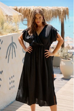  Φόρεμα κρουαζέ  τσαλακωτό με λάστιχο στη μέση μαύρο