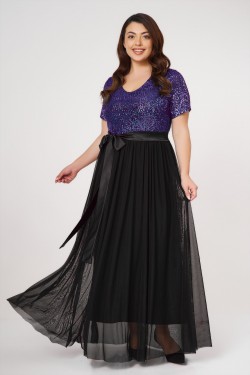 Kleid Maxi  Glitter Super Jersey lange Ärmel Zierknoten Schwarz