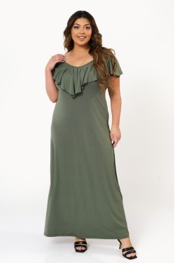 Dress maxi viscose ruffled with criss crossed back khaki