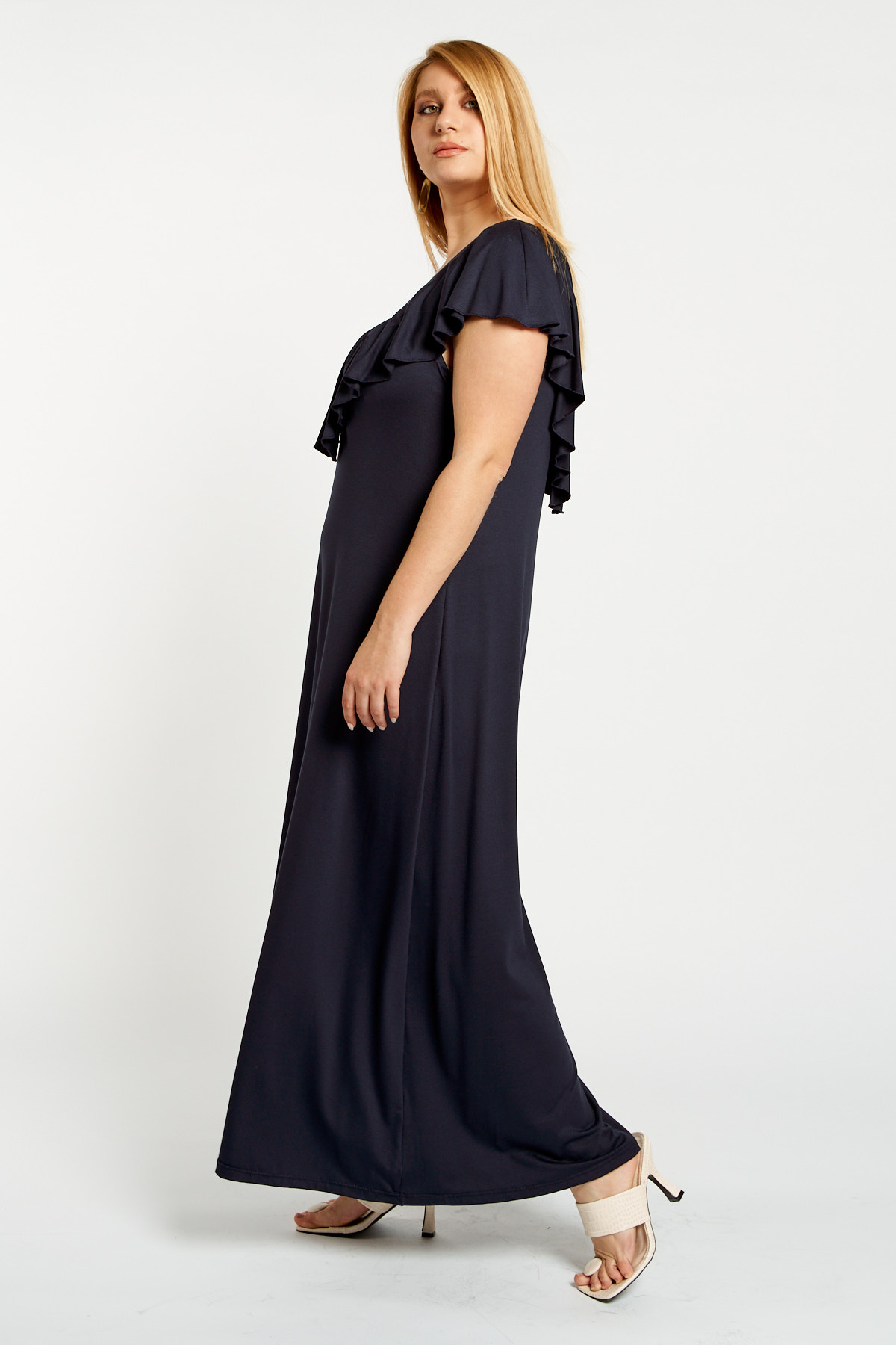 Kleid Maxi Viscose mit Rüschen und uberkreuzten Riemen am Rücken  blau