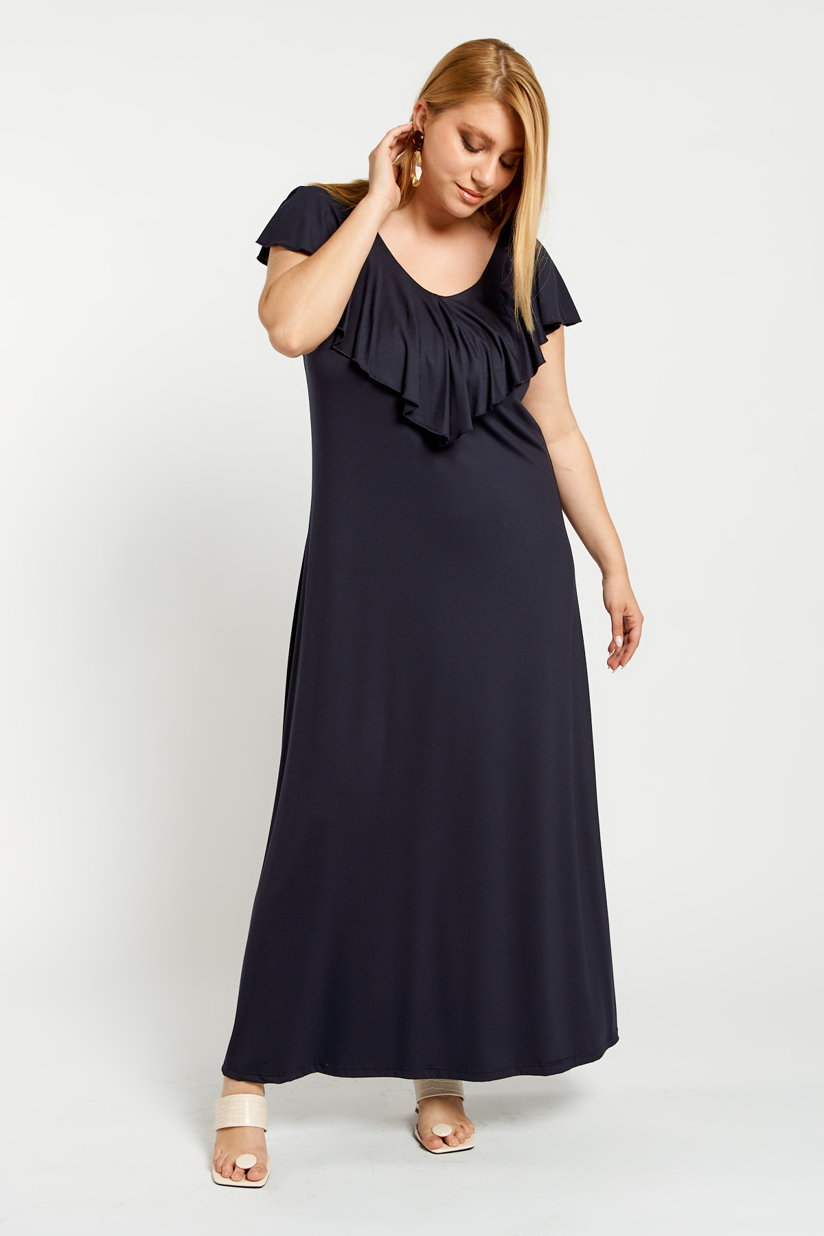 Dress maxi viscose ruffled with criss crossed back blue