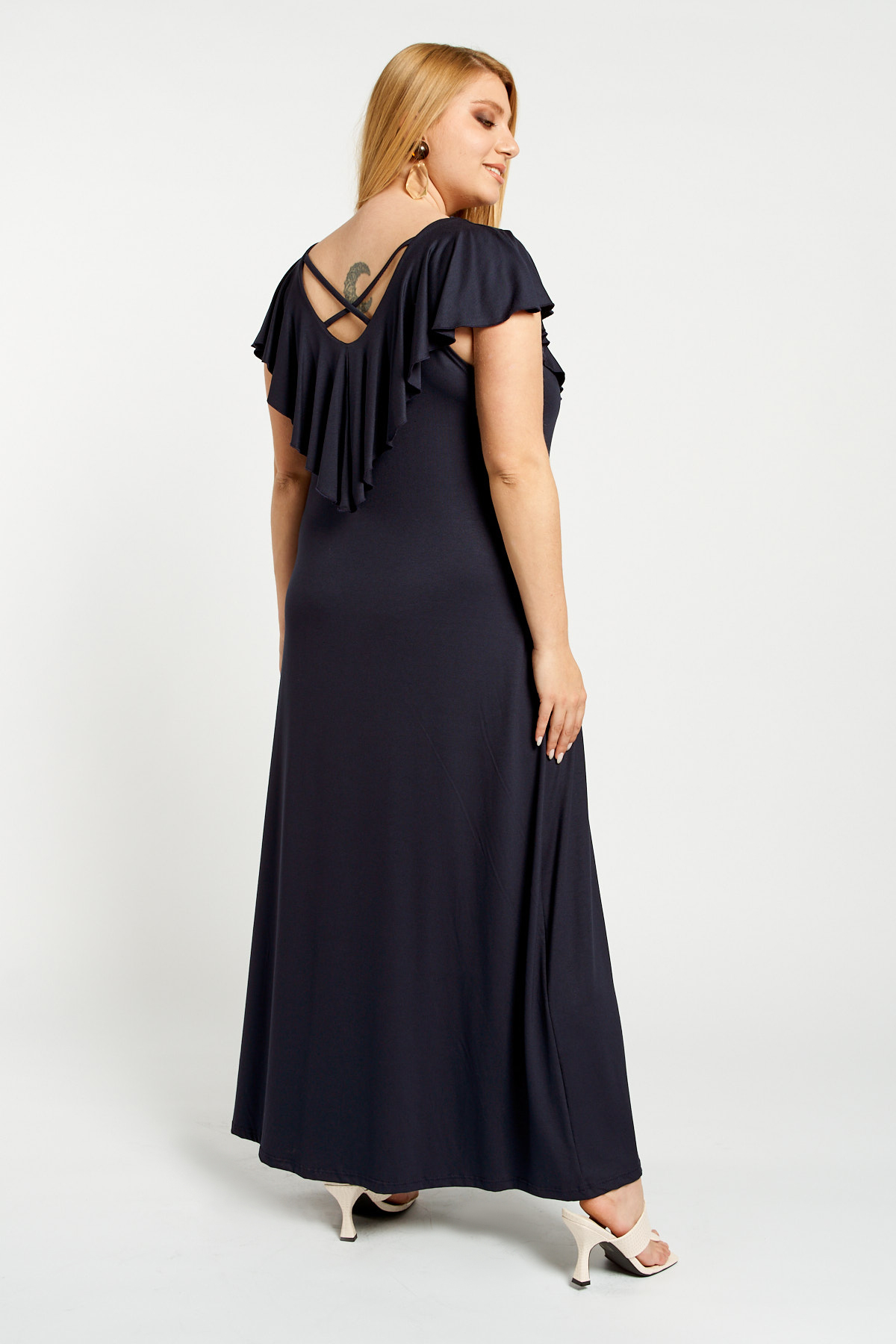 Dress maxi viscose ruffled with criss crossed back blue