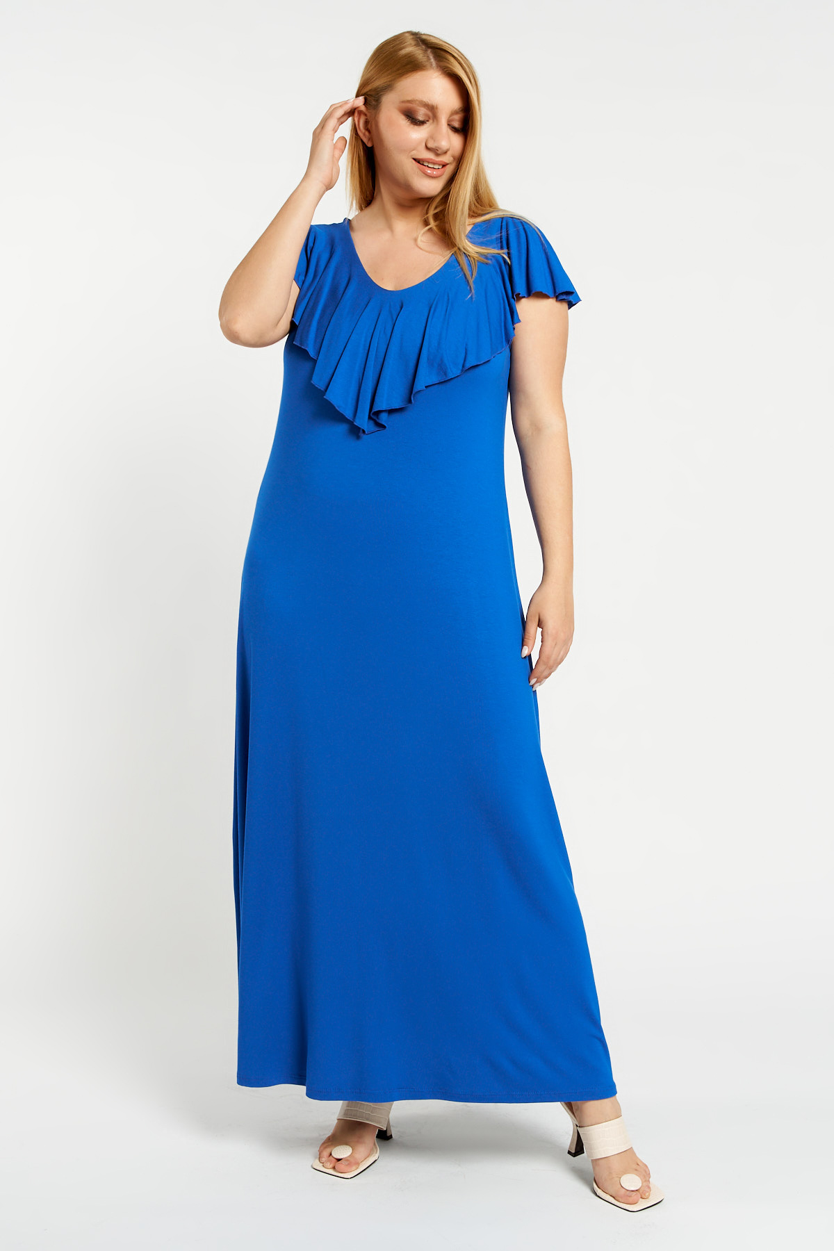 Dress maxi viscose ruffled with criss crossed back royal blue