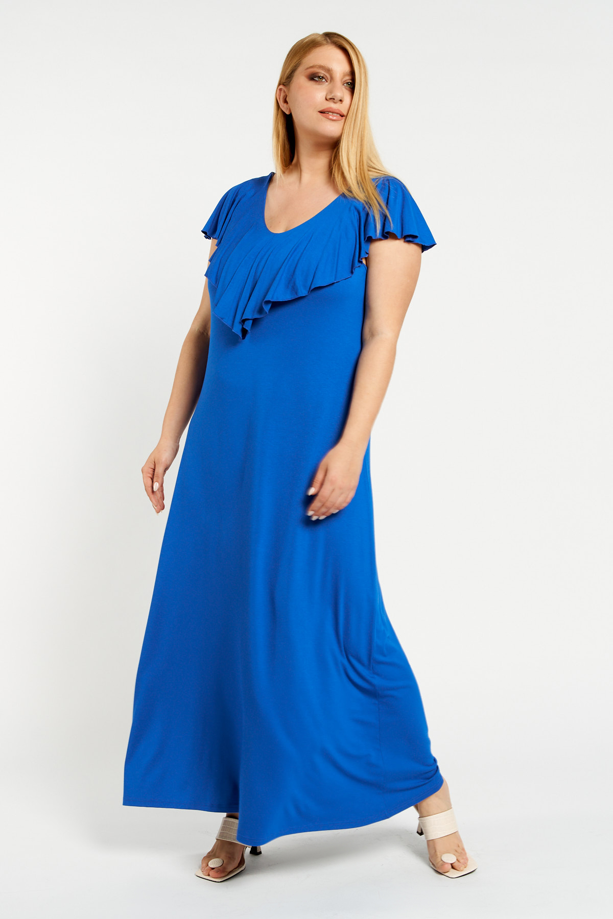 Kleid Maxi Viscose mit Rüschen und uberkreuzten Riemen am Rücken  königsblau