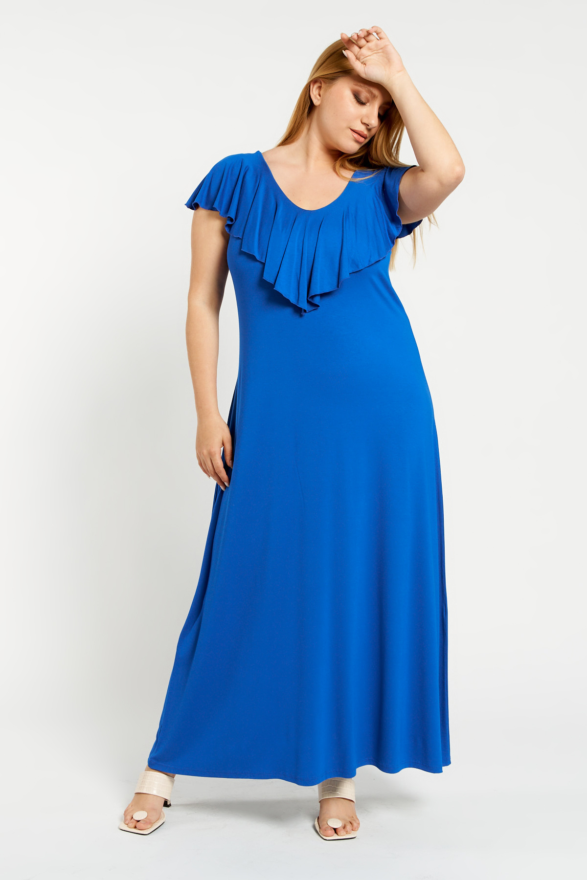 Dress maxi viscose ruffled with criss crossed back royal blue