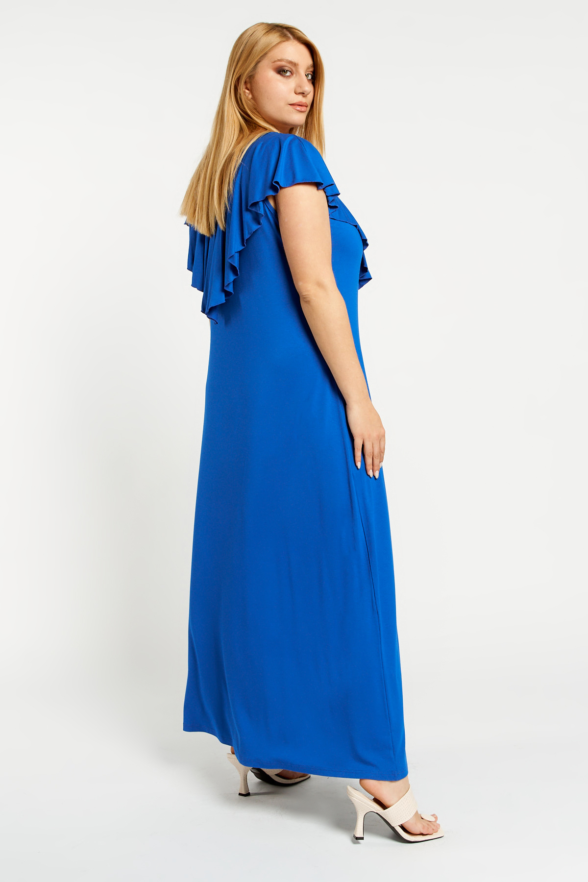 Dress maxi viscose ruffled with criss crossed back royal blue