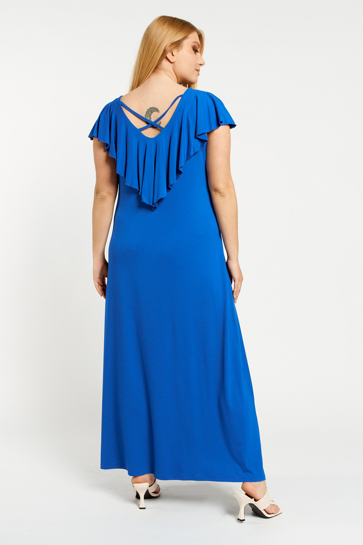 Dress maxi viscose ruffled with criss crossed back royal blue