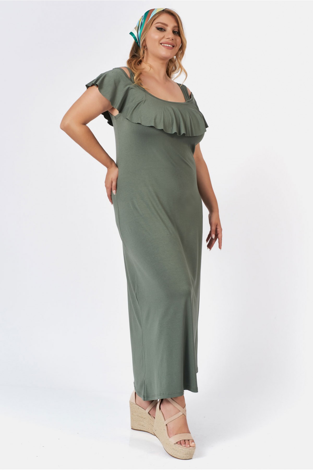 Dress viscose off shoulder with ruffled sleeves khaki