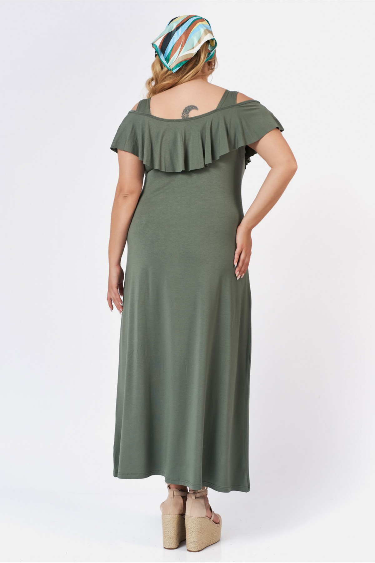 Dress viscose off shoulder with ruffled sleeves khaki