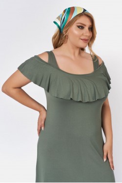 Kleid Viscose schulterfrei mit Rüschenärmeln  khaki