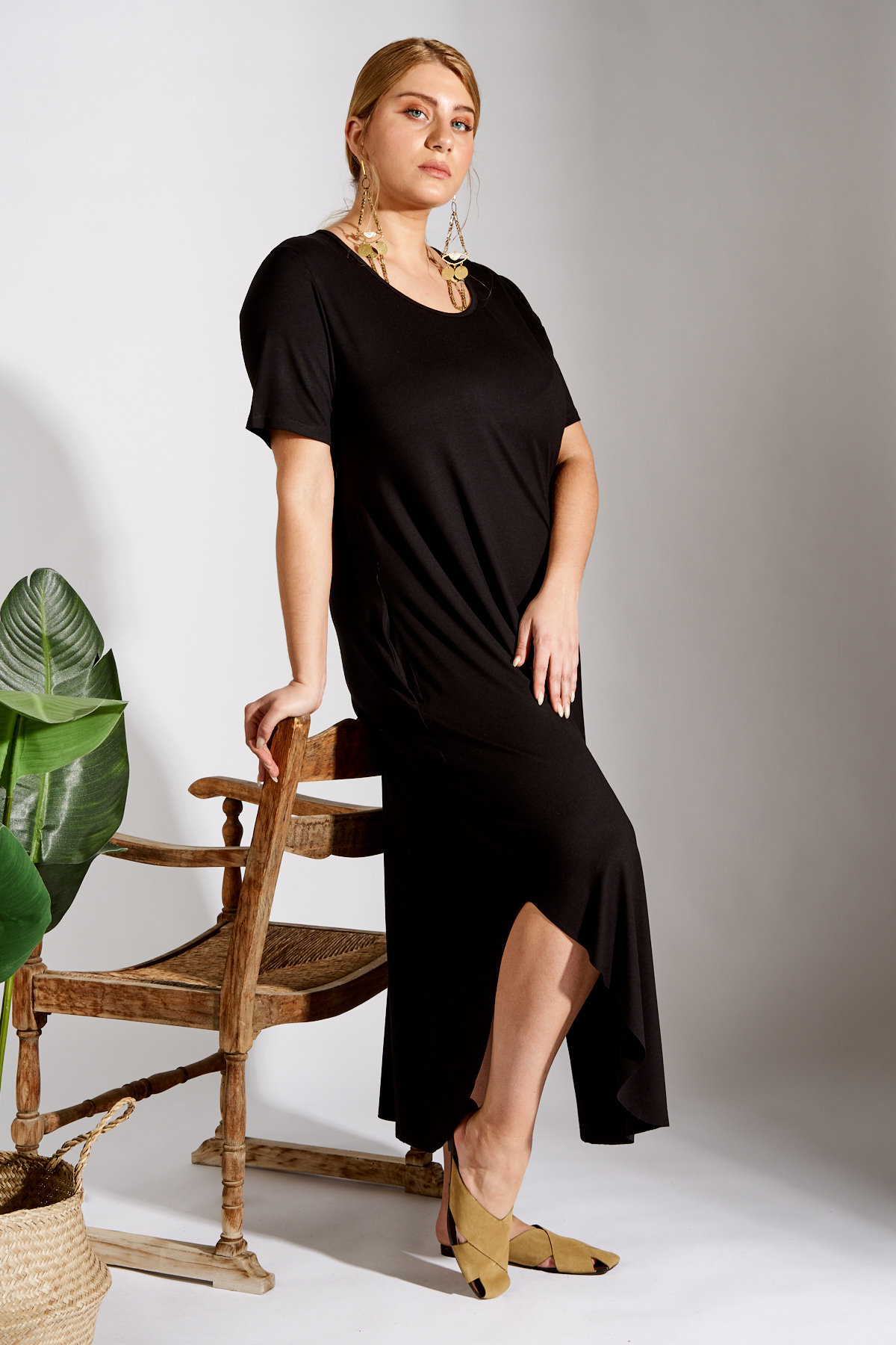 Dress viscose short sleeve with pockets black