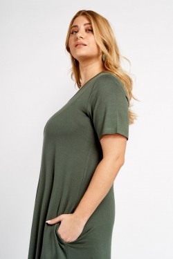 Dress viscose short sleeve with pockets khaki