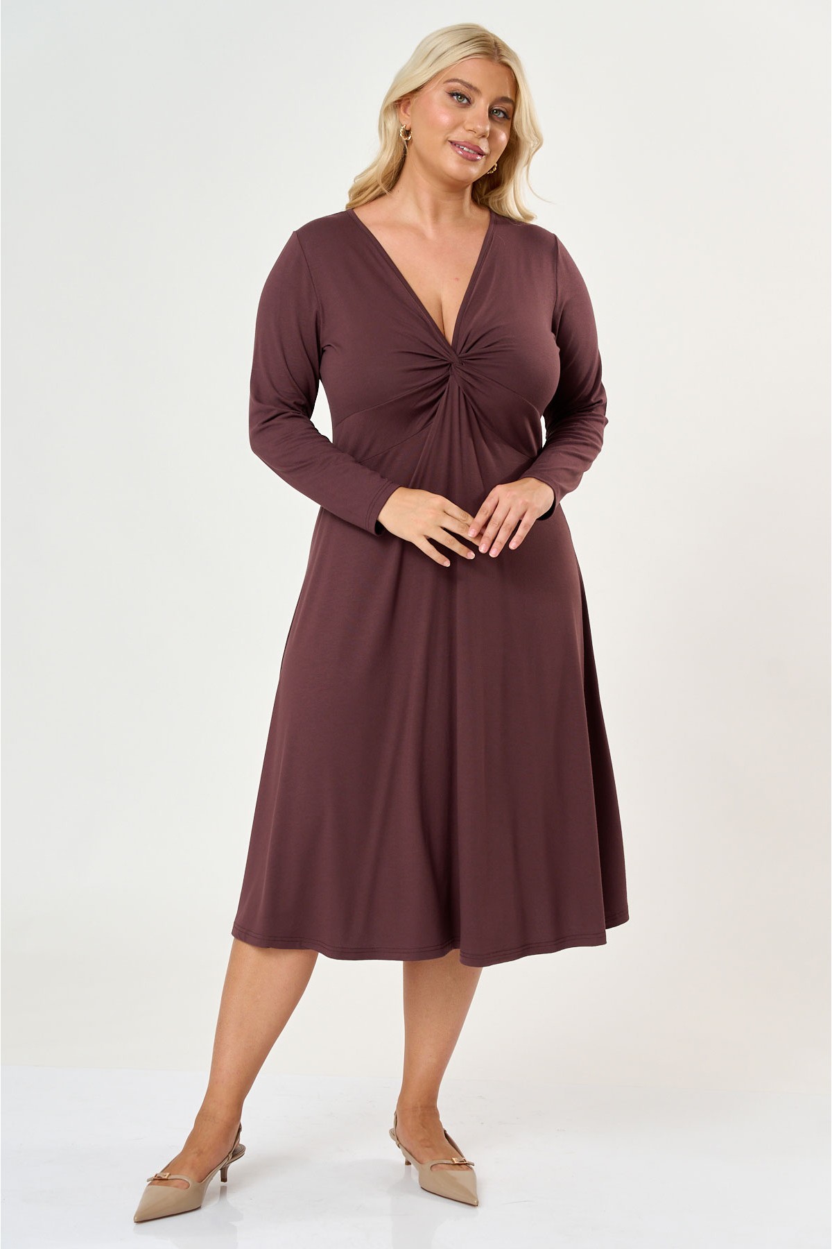 Dress midi elastic viscose long sleeve knot  Brown