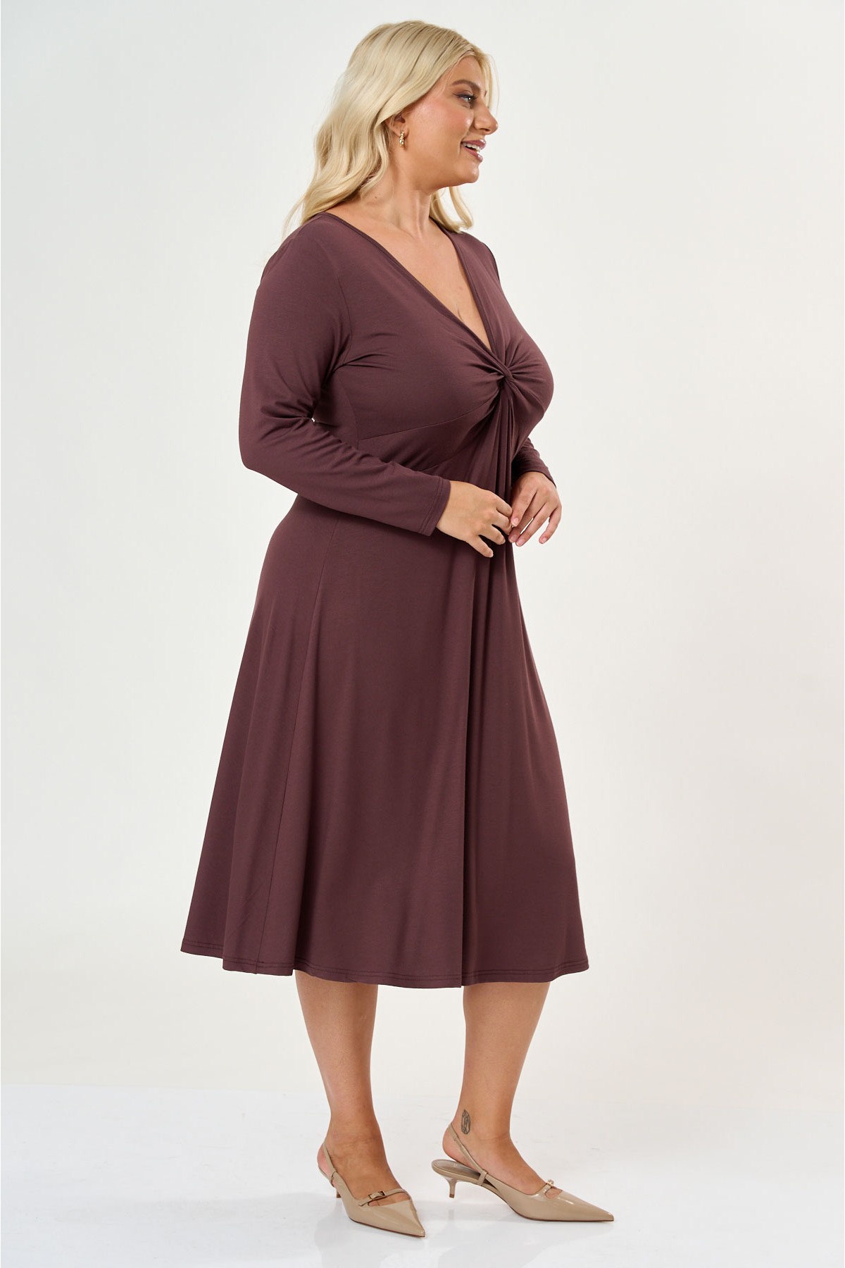 Dress midi elastic viscose long sleeve knot  Brown