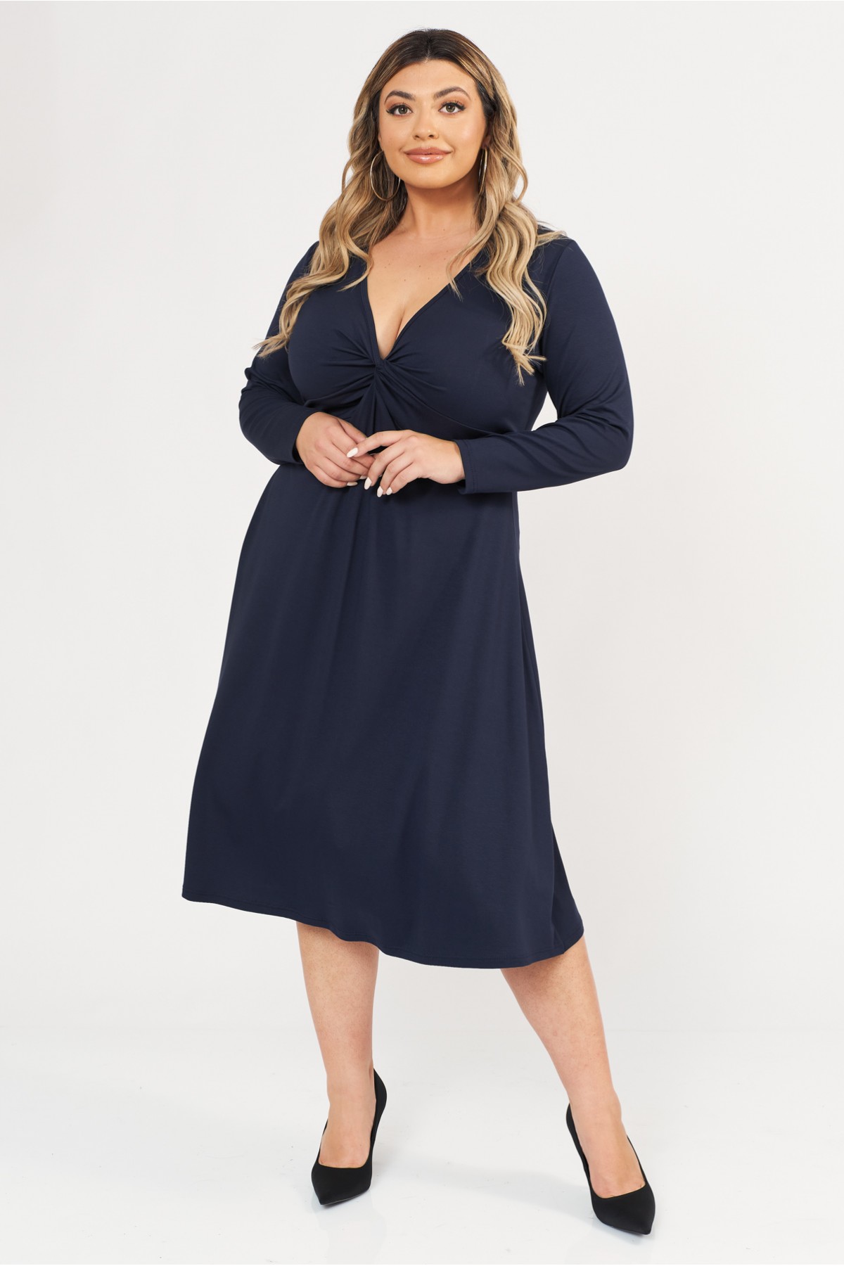 Dress midi elastic viscose long sleeve knot blue