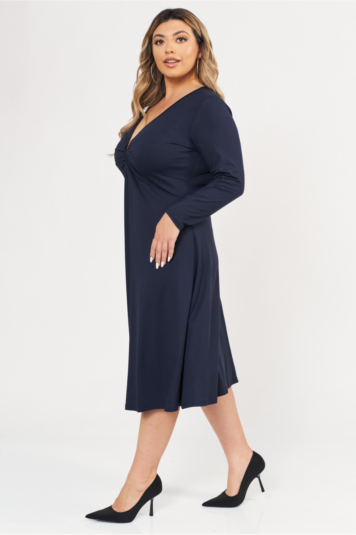 Dress midi elastic viscose long sleeve knot blue