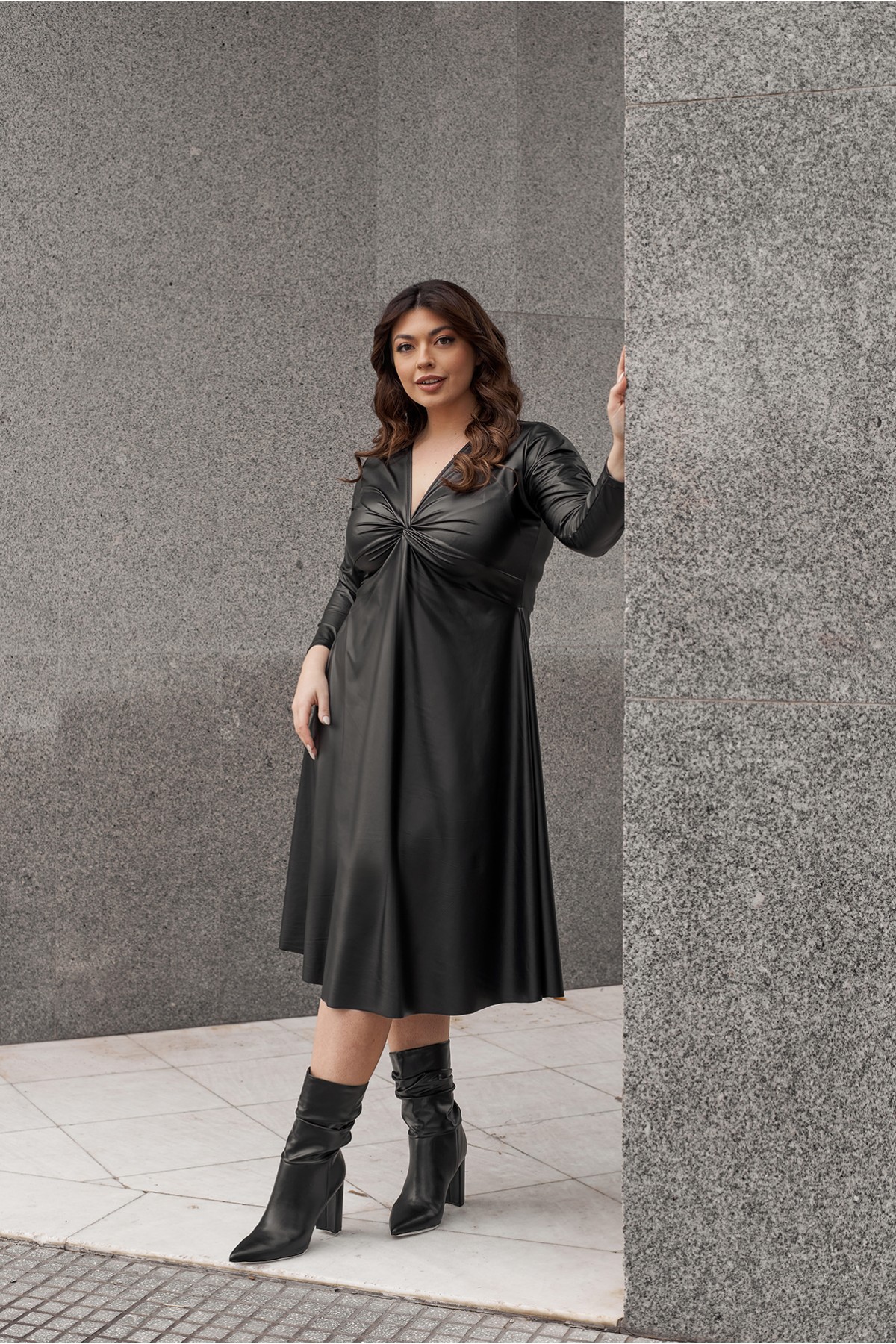 Dress midi elastic leatherette long sleeve knot 