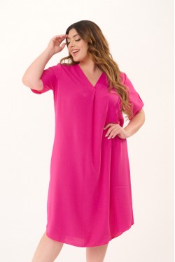 Dress midi v neck wrinkled look fuchsia