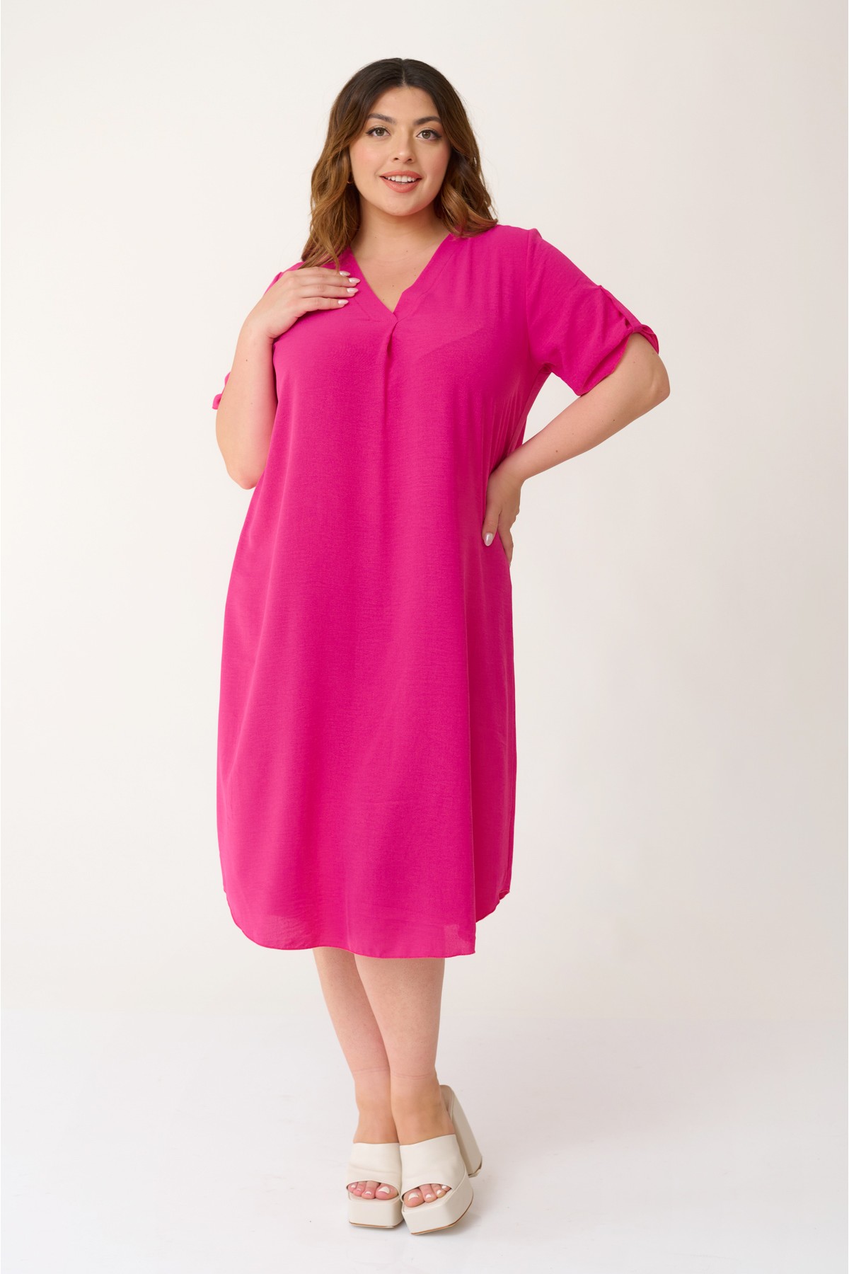 Dress midi v neck wrinkled look fuchsia