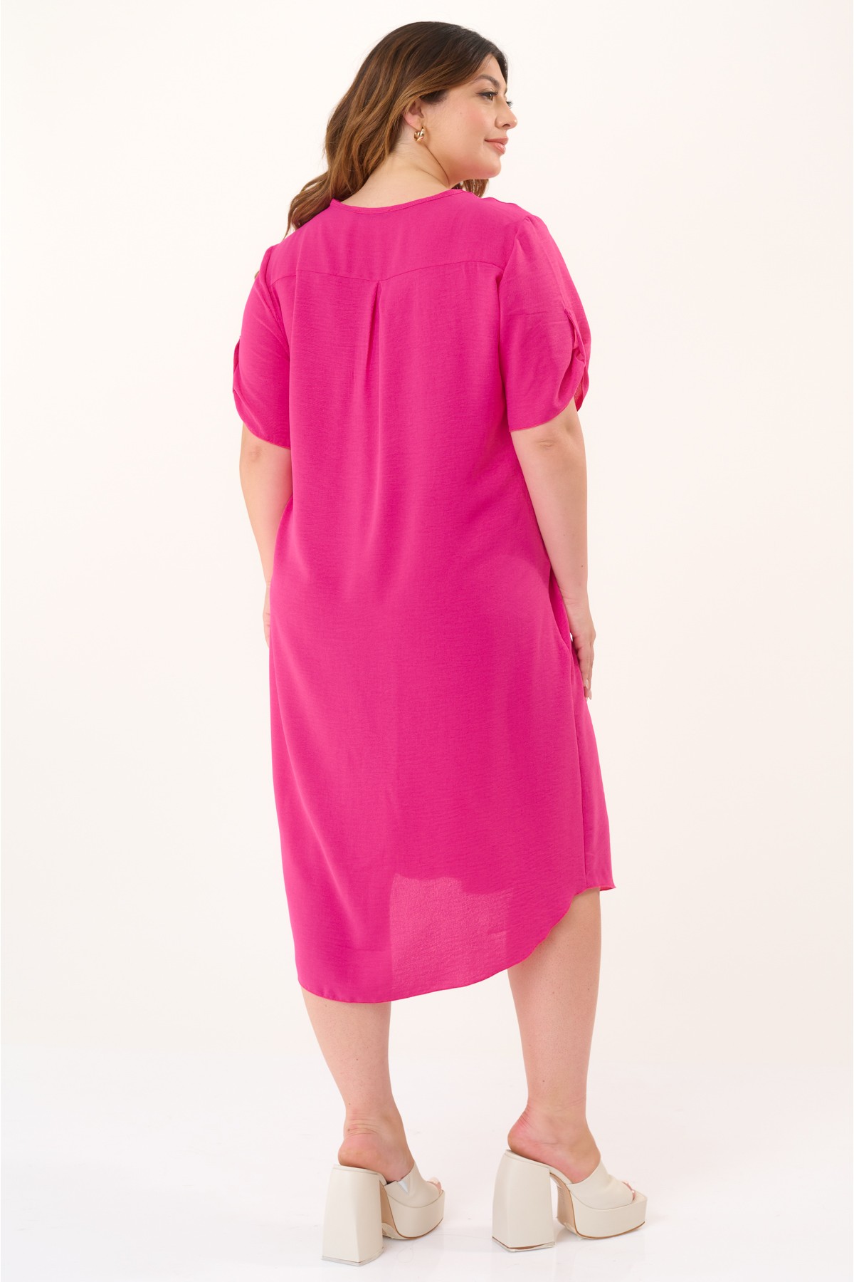 Dress midi v neck wrinkled look fuchsia