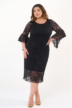 Dress midi pencil line elastic lace with rufled sleeves black 