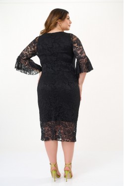 Dress midi pencil line elastic lace with rufled sleeves black 