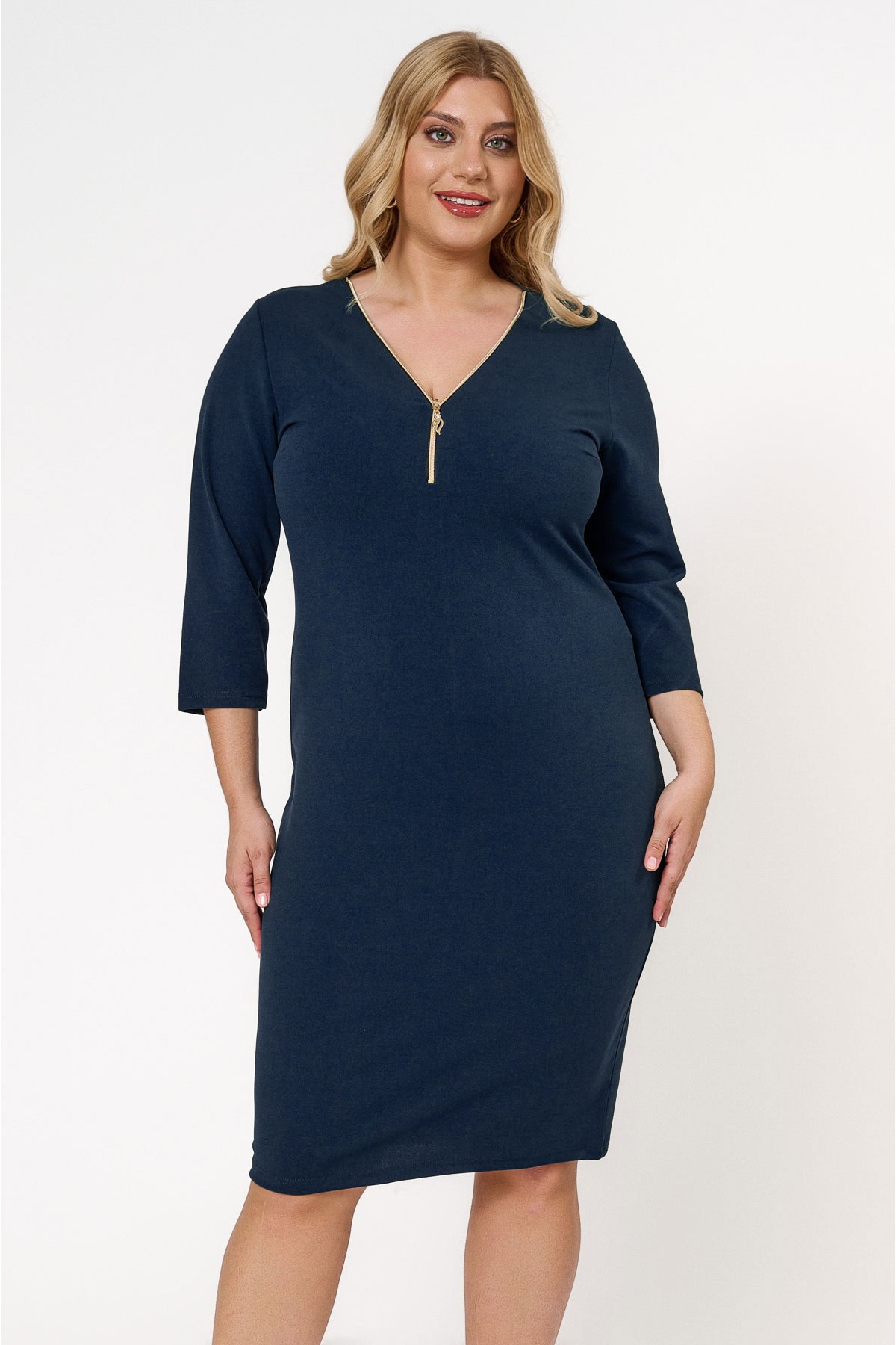 Dress midi V-neck zipper crepe Blue