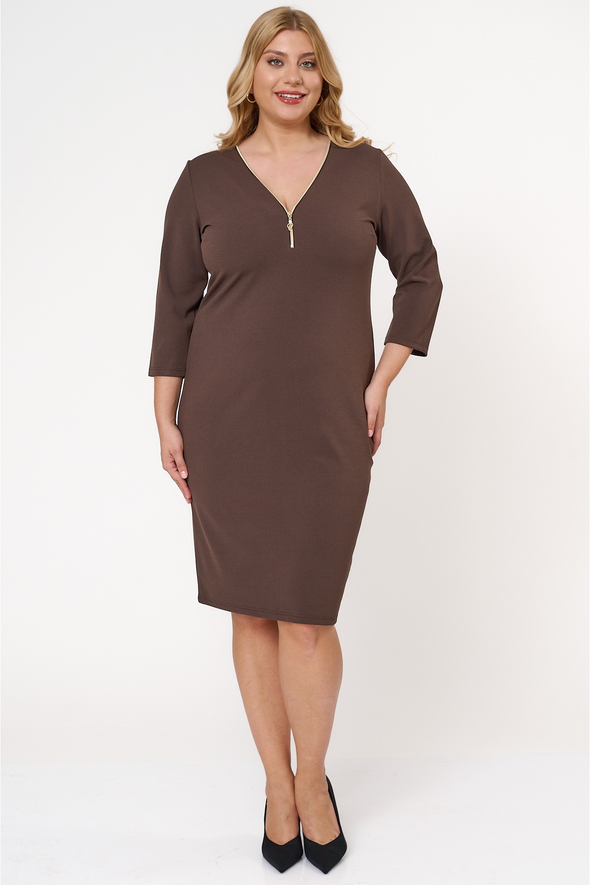 Dress midi V-neck zipper crepe Brown