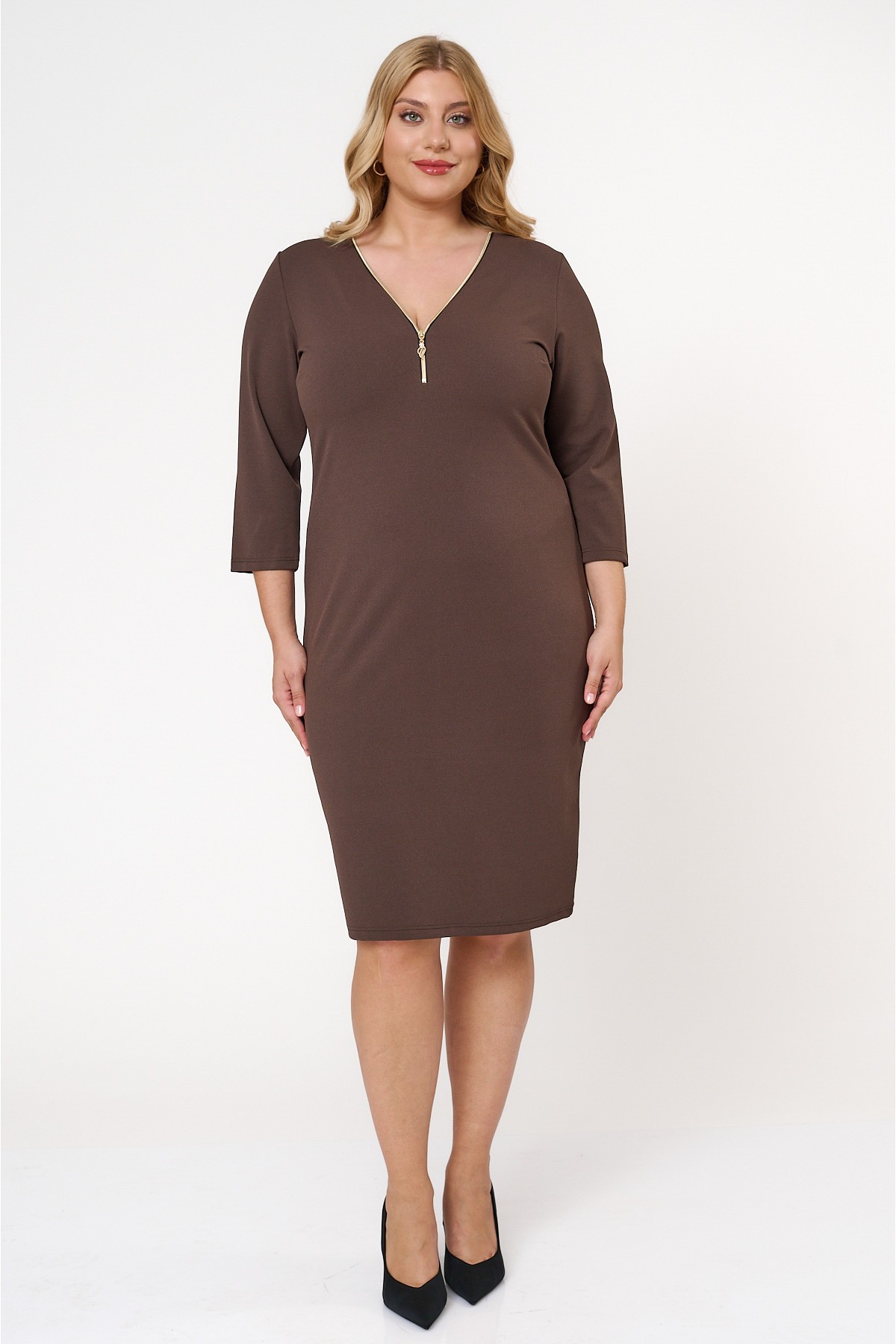 Dress midi V-neck zipper crepe Brown