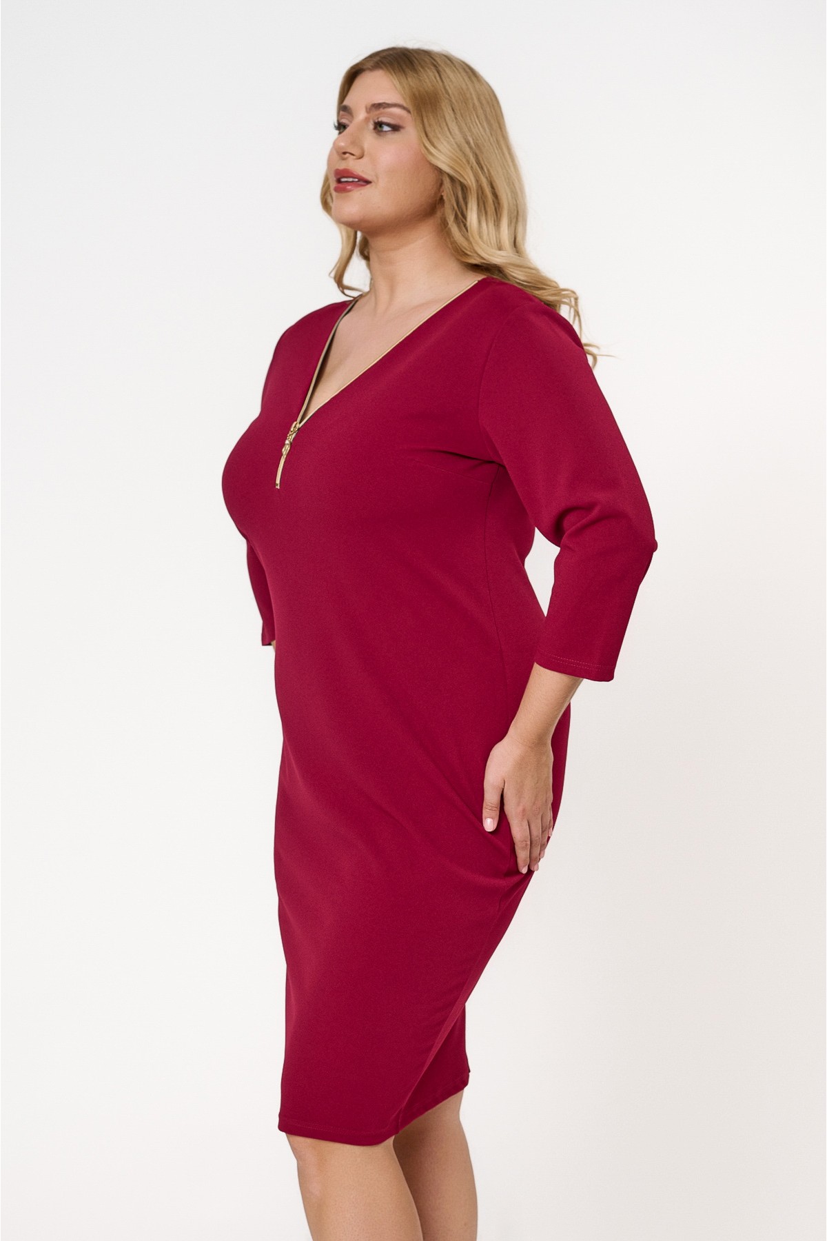 Dress midi V-neck zipper crepe cherry 